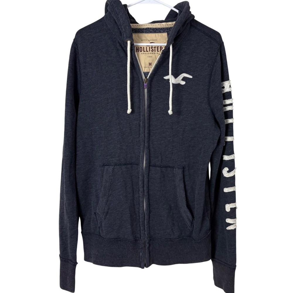 Y2K Hollister Full Zip Hoodie Unisex Medium Navy Blue Graphic Vintage Cotton